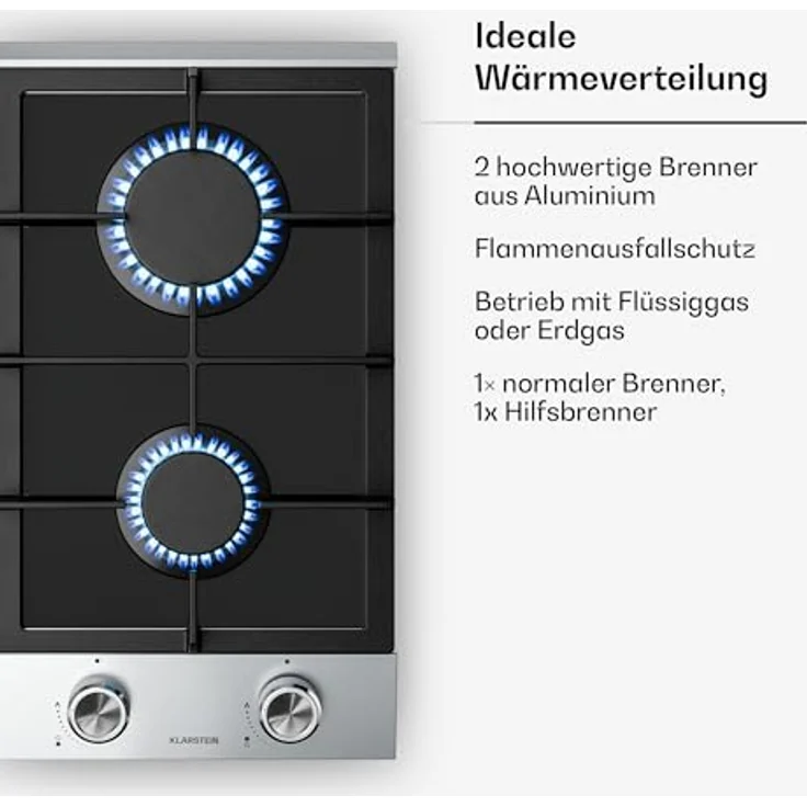 Klarstein Verosteel PG3020BG-DCB, Gas-Kochfeld mit 2 Brennern, 4200 W, schwarzes Glas und Edelstahl – Bild 5
