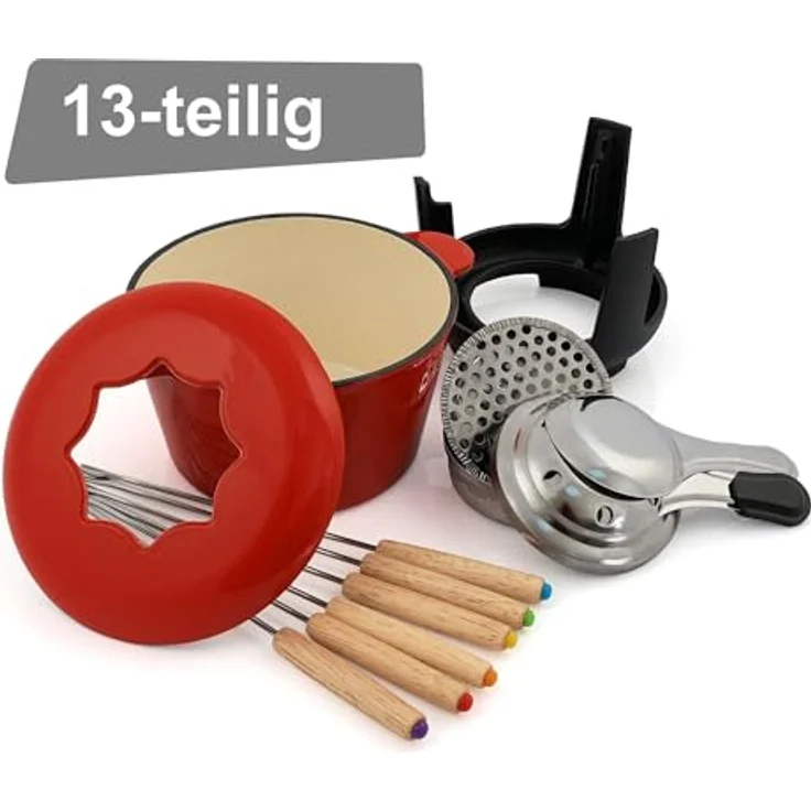 BBQ-Toro Gusseisen Fondue Set für 6 Personen | 1 Liter | Fondueset 13 teilig mit Brenner und Gabeln | Fondue-Set, Käsefondue Set, Fleischfondue Set, Schokofondue Set (rot/Creme emailliert) – Bild 3