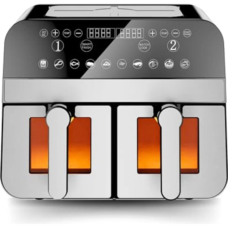 Comfy Nest CNAFD45WS, 2400 W digitale Heißluftfritteuse mit Doppelkorb, 9-Liter-Fenster, Touch-Sensor-Steuerung, modernes Design, grau – Bild 1