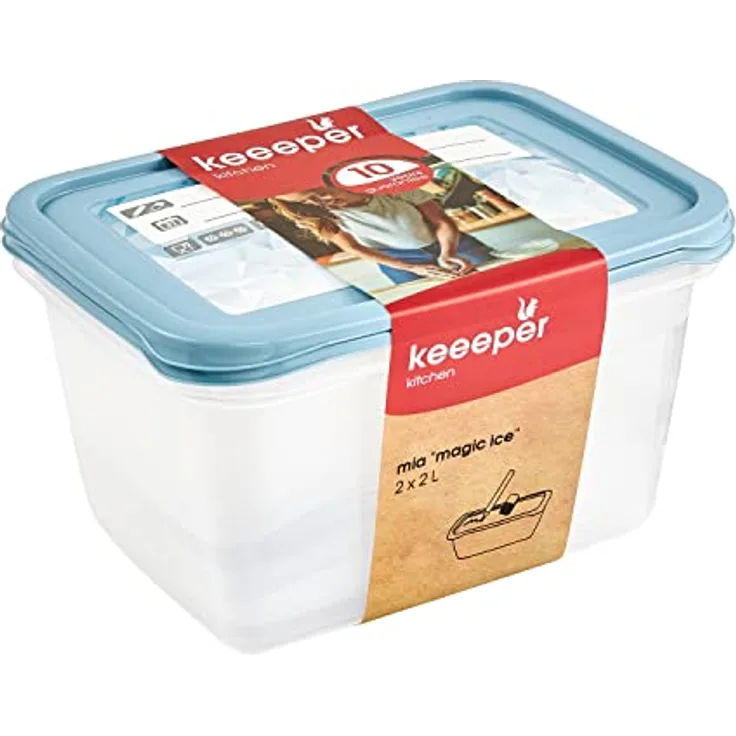 keeeper Tiefkühldosenset 2-teilig, Wiederbeschreibbarer Deckel, 2 x 2 l, 20,5 x 15,5 x 10,5 cm, Mia Magic Ice, Nordic Blue