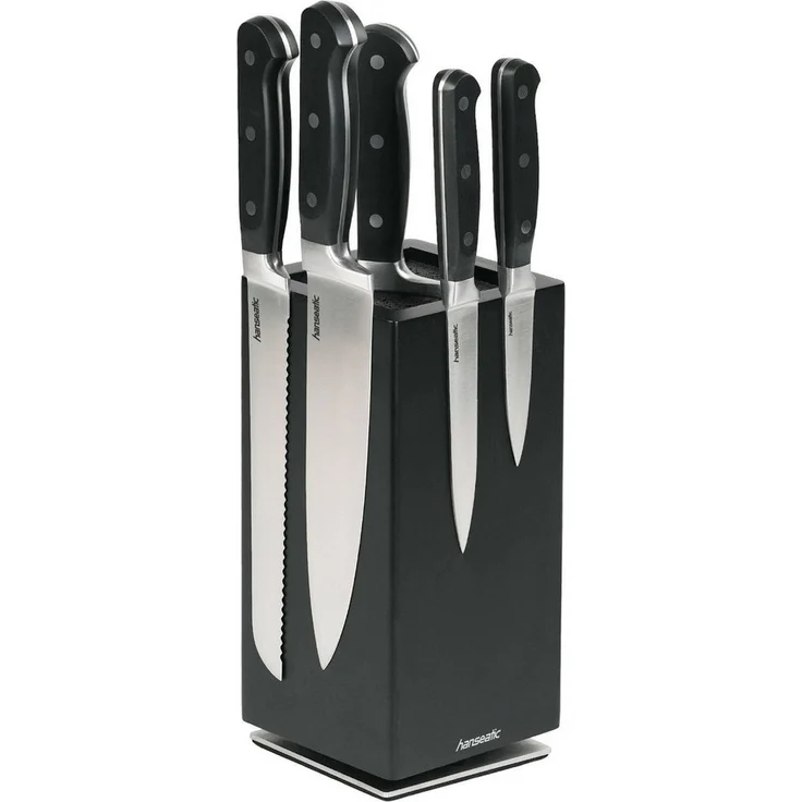 Hanseatic Magnet-Messerblock PREMIUM, 6-tlg. aus Gummibaumholz, drehbar, mit Full Tang Edelstahlklingen und herausnehmbarem Borsteneinsatz