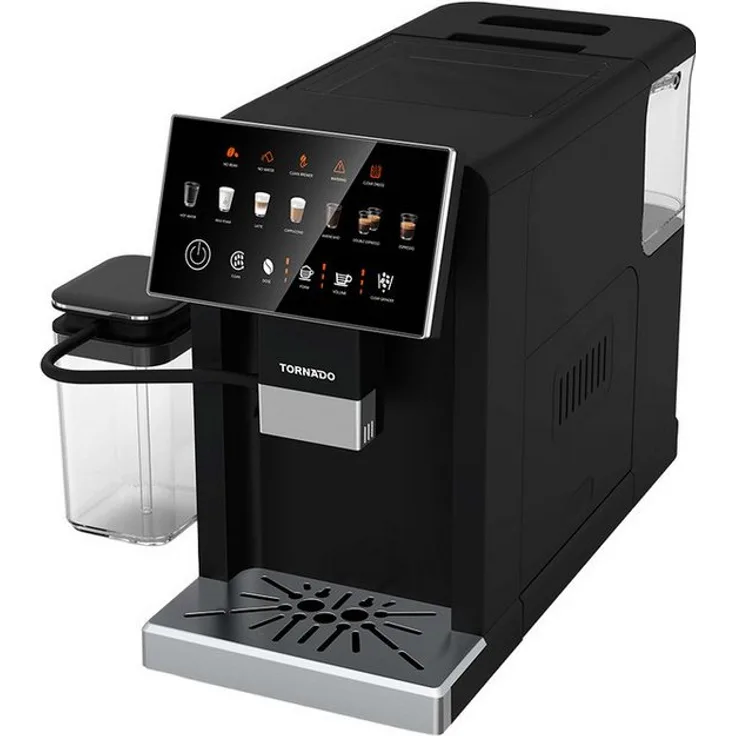 Tornado TCMA-1001-GS, Kaffeevollautomat mit 20-bar-Druckpumpe, 15 Mahlstufen und automatischer Milchaufschäumung, Silber