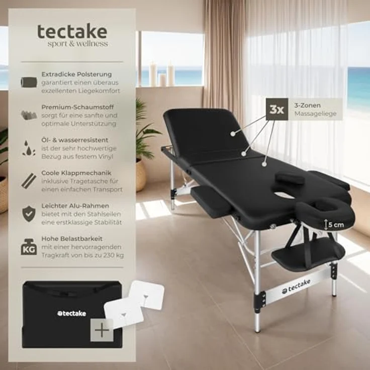 Tectake Massageliege 3 Zonen Massageliege (Set, 1-St., mit Tragetasche), Breite 70 cm, Polsterung 5 cm, Aluminiumgestell, höhenverstellbar, inklusive 15 Einweg-Nasenchlitztücher, grau – Bild 2