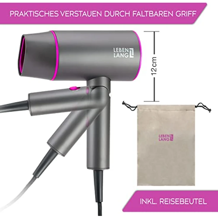 LEBENLANG Föhn Ionen 2100W - Anti-Spliss mit Kaltluft Modus | Reisefön klappbar | Haartrockner Hair Dryer Fön Klein Haarfön Haarföhn Reiseföhn Hairdryer Frisuren Zubehör Reisehaartrockner – Bild 3
