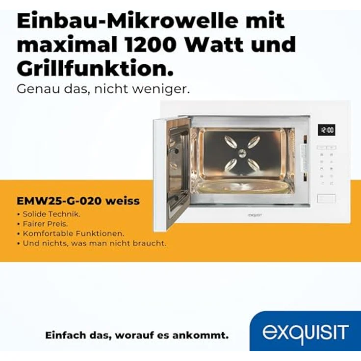 Exquisit EMW25-G-020 Mikrowelle mit Grill, 59,5 cm breit, Einbaugerät, 900W, 25L Garraum, 9 Leistungsstufen, Timer, inkl. Drehteller 31,5 cm, weiß – Bild 2