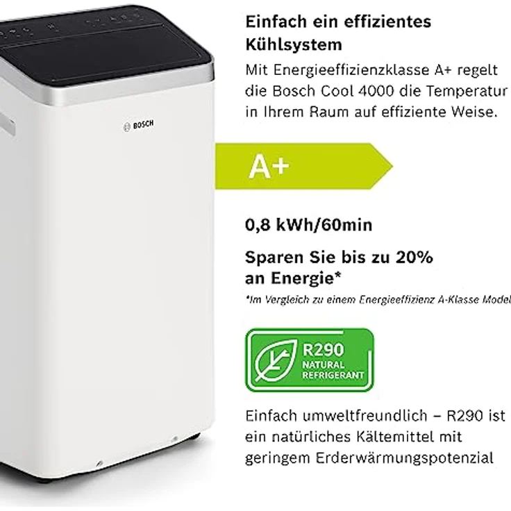 Bosch Cool 4000 Mobiles Klimagerät - 3-in-1: Klimagerät, Luftentfeuchter, Ventilator - 2,6 kW für Räume bis zu 35m² - Mit Auto-Modus, Silent-Modus & Sleep-Modus (48 db (A)) [Energieklasse A+] – Bild 5