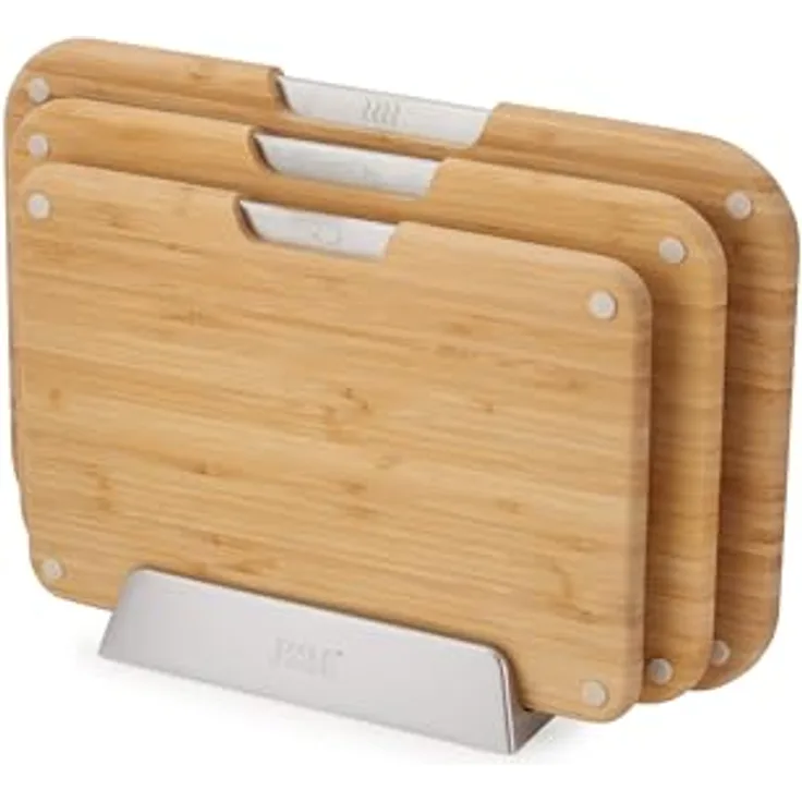 Joseph Joseph Nest Boards, 3er Set Schneidbretter mit Halterung aus Bambus, beige, rutschfest und lebensmittelspezifischen Symbolen