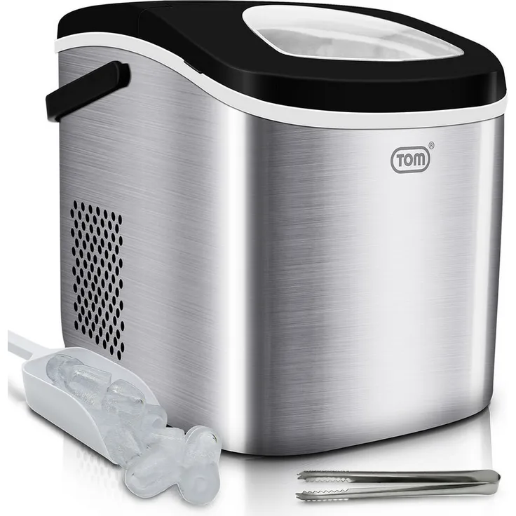 TOM Eiswürfelmaschine IC-120, 1,3L, 12kg in 24h, Edelstahl, inkl. Eiszange und herausnehmbarem Korb
