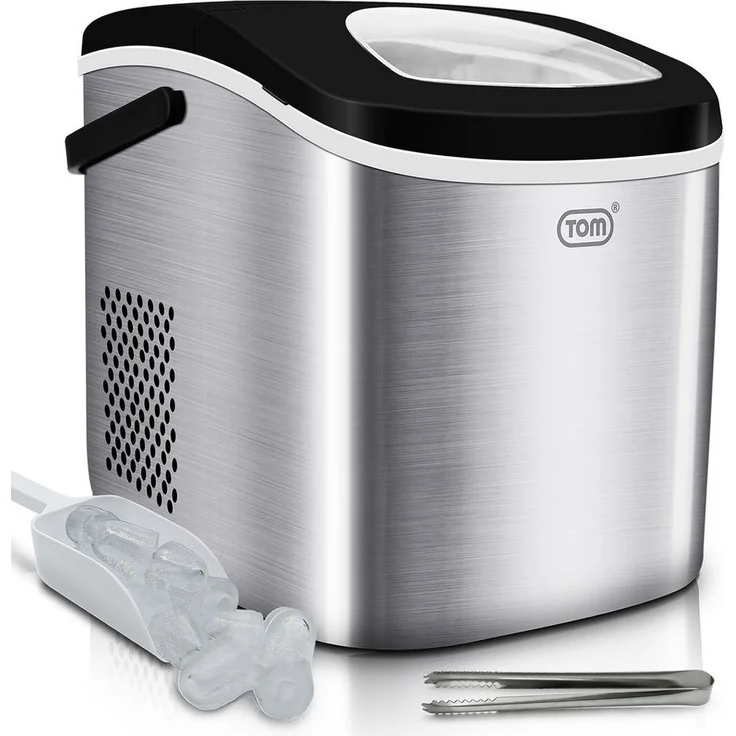 TOM Eiswürfelmaschine IC-120, 1,3L, 12kg in 24h, Edelstahl, inkl. Eiszange und herausnehmbarem Korb