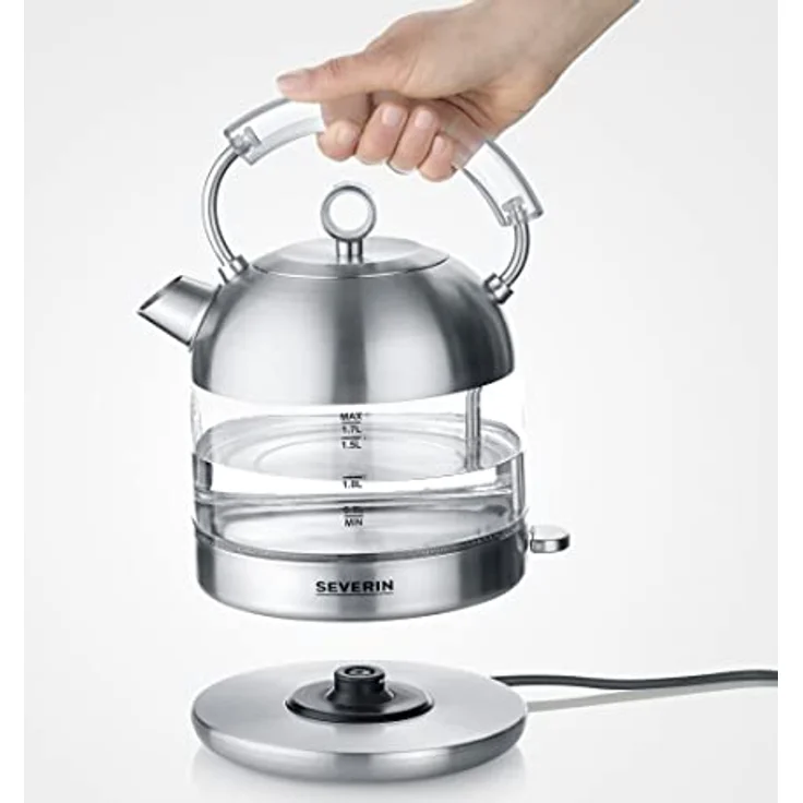 Severin WK 3459 Glas-Wasserkocher, 2400W, 1,7 Liter, Wasserstandsanzeige, abnehmbarer Deckel, silber – Bild 5