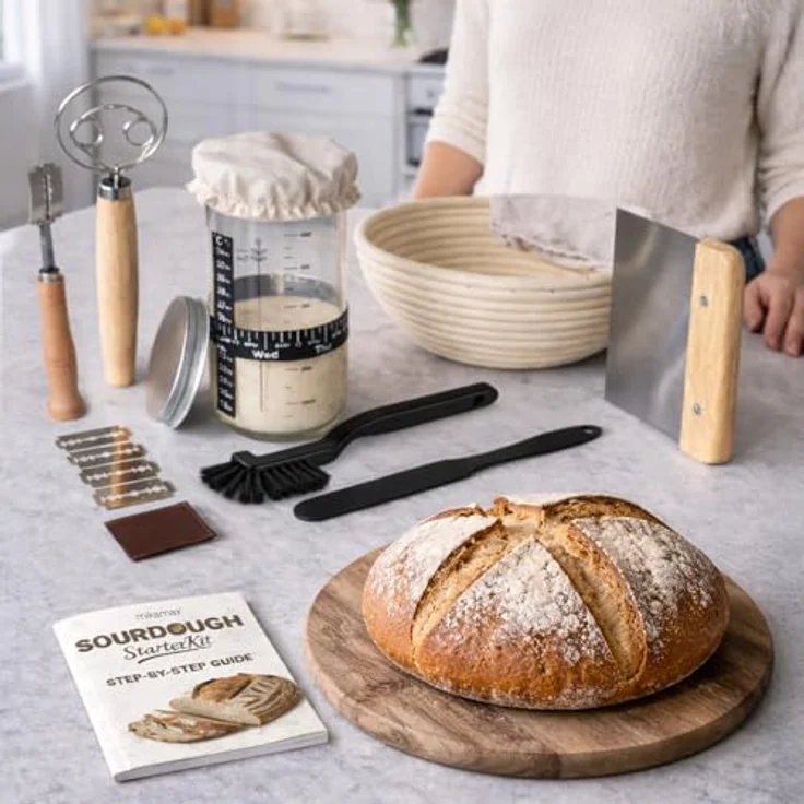 MikaMax Sauerteig Starter Set 10-teilig, Gärkorb Brot Set rund mit Teigbesen und Einschneideklinge, Einsteiger Set für Anfänger & Hobbybäcker – Bild 3