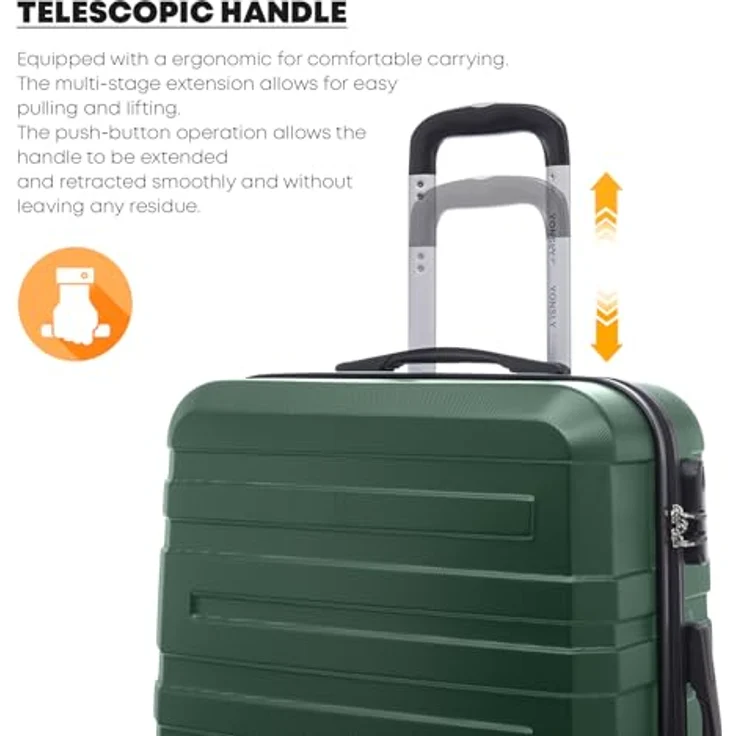 YONSLY Reisekoffer Trolley M, Hartschalen Handgepäck mit 4 Rollen 360°, Zahlenschloss, weichem Gummigriff, dunkelgrün – Bild 5