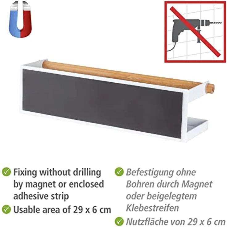 WENKO Gewürzregal Magna, magnetisches Regal aus Metall mit Bambus-Detail zum Aufbewahren und Präsentieren von Gewürzgefäßen, Anbringung ohne Bohren mit Magnet oder Klebeband, 32 x 8 x 8 cm, Weiß – Bild 3