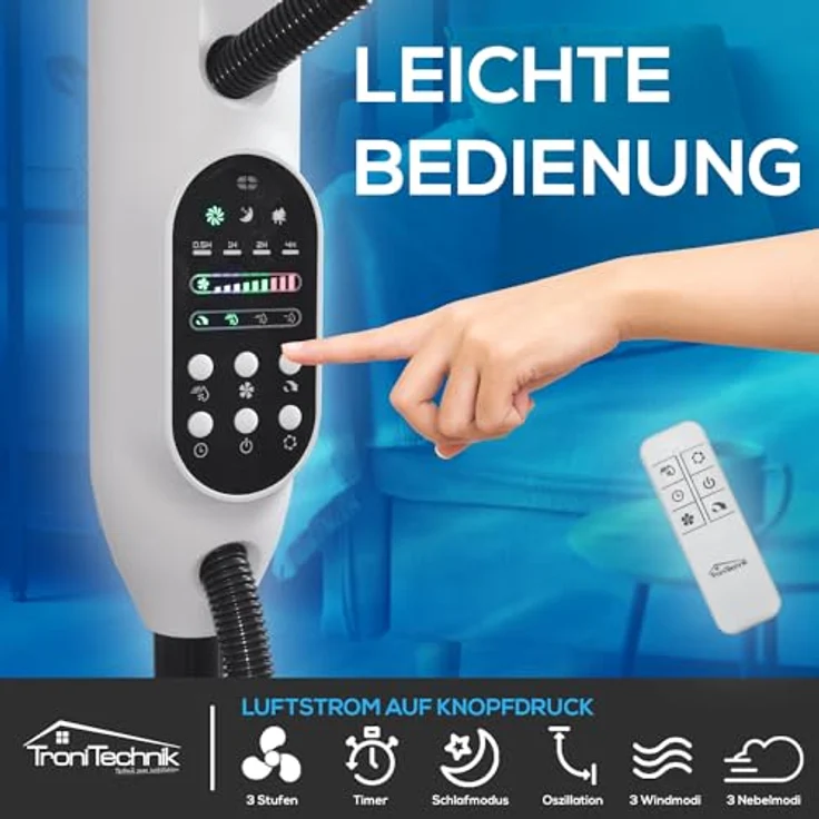 Tronitechnik® Standventilator mit Wasser, Ventilator mit Wasserkühlung Sprühnebel Raumbefeuchter, Fernbedienung, 75 Watt, Oszillierend, 3 Stufen, Timer, Schlafzimmer & Büro – Bild 3