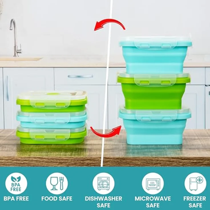 Kurtzy 6er Pack Faltbare Frischhaltedosen aus Silikon, 350 ml, luftdicht, BPA-frei, stapelbar, in grün und blau – Bild 5