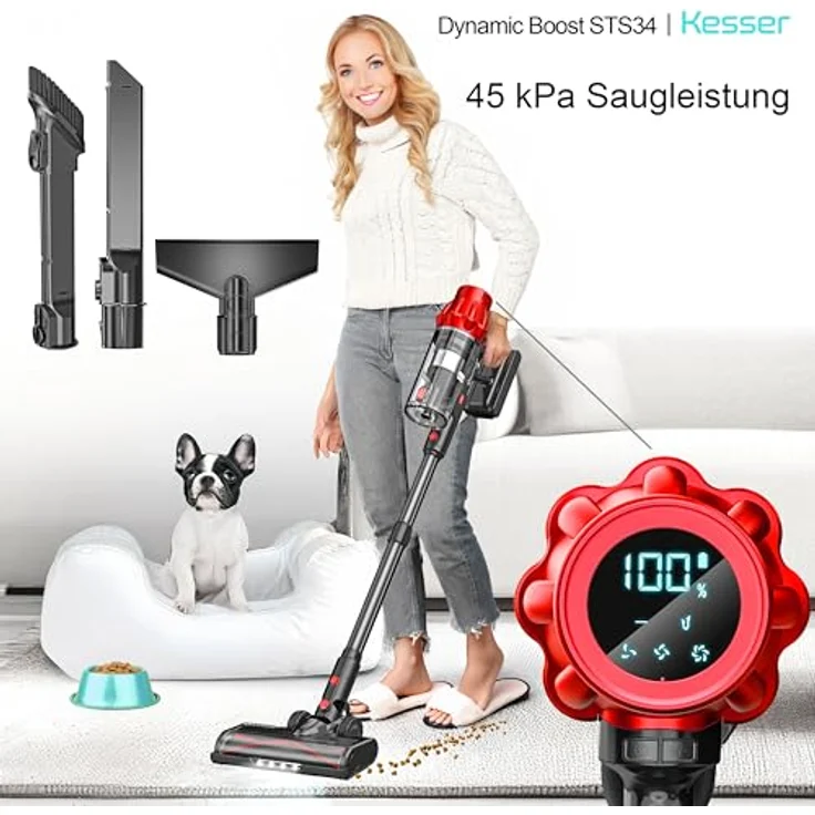 KESSER® Akku Staubsauger STS34, kabellos mit 70 Min. Laufzeit, HEPA-Filter, LED-Display und Anti-Tangle-Bodenbürste für Hartböden und Teppiche – Bild 2