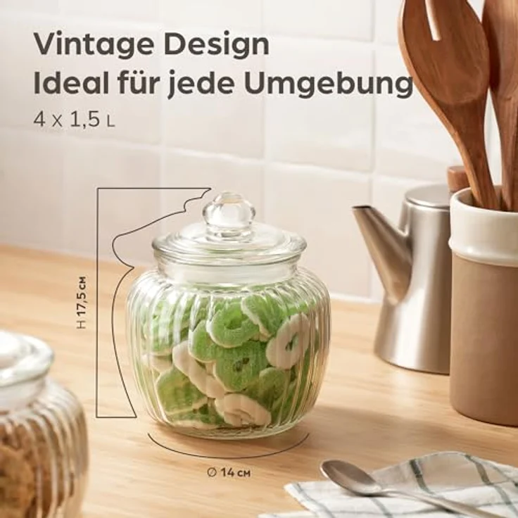 Praknu Candy Bar Gläser Groß 1,5 L Vintage Bonbonglas - Luftdicht & Spülmaschinenfest - Set mit 4 Gläsern & Etiketten – Bild 2