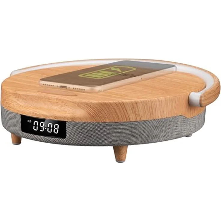 Kienzle LED-Wecker mit Bluetooth Lautsprecher, kabellose Ladestation 10 W, dimmbare LED-Leuchte, Holz-Design, 2 Weckzeiten – Bild 5