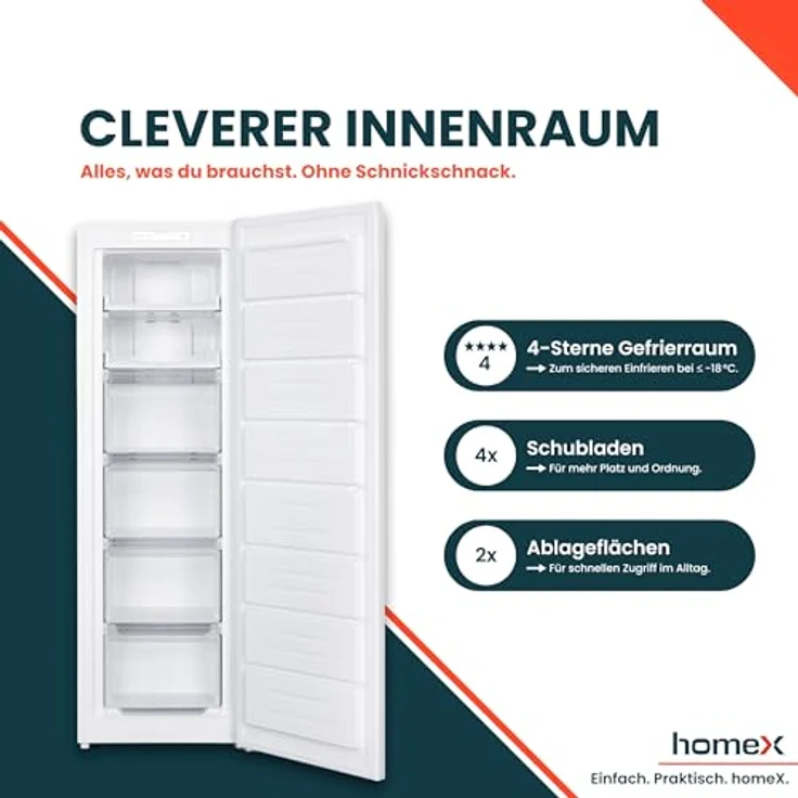 homeX FSN2041E-W Gefrierschrank No Frost, 204L mit Super-Frost-Funktion, 4 Sterne Gefrierleistung, weiß – Bild 4