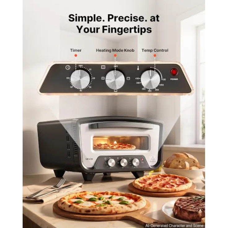 VEVOR Elektrischer Pizzaofen für Ø 30,5 cm (12 Zoll), 2200 W, 430 °C, Kaltgewalztes Stahl-Gehäuse, mit Pizzastein und separater Temperatur- und Zeitregelung – Bild 5