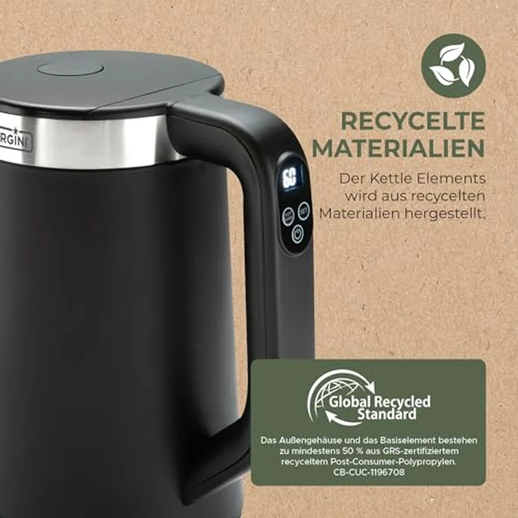 Bourgini Elements, Digitaler Wasserkocher, 1,7 Liter, Schwarz, GRS-e recycelte Materialien, präzise Temperaturwahl, Warmhaltefunktion – Bild 2