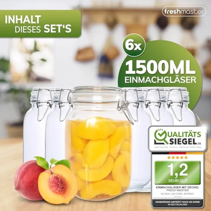 Fresh Master Einmachgläser Set, bruchsicheres Glas mit Edelstahl Bügelverschluss und Spezialdichtung, 6 x 1500ml – Bild 6