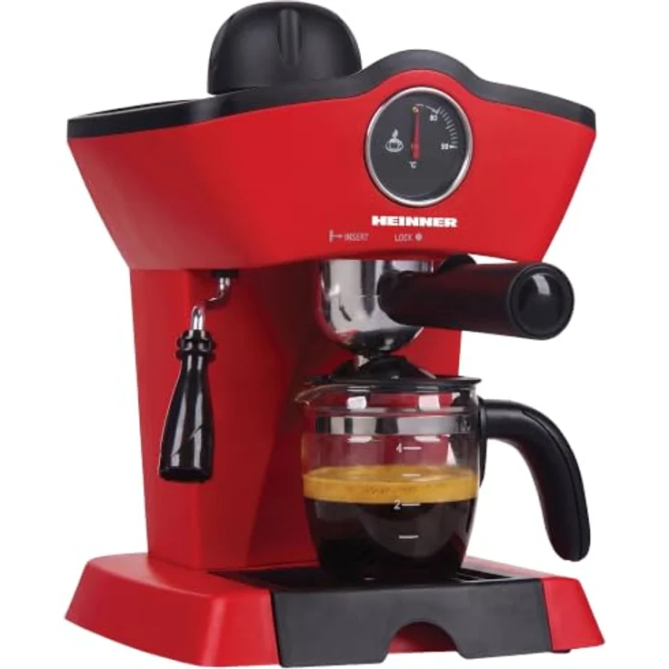 Heinner HEM-200RD, Espressomaschine mit 800 W, 0,25 l Wassertank, Edelstahlfilter und Glaskanne, Rot – Bild 1