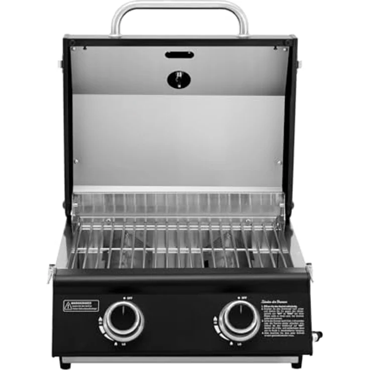 TAINO PLATINUM COMPACT DARK Tischgrill Set, tragbarer Gasgrill mit 2 Edelstahlbrennern, Abdeckhaube und Gasdruckregler, ideal für Camping und Balkon – Bild 3