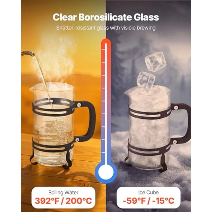 VEVOR French Press 1 L, Kaffeepresse aus Borosilikatglas mit Edelstahlfilter, vielseitiger Kaffeebereiter für Camping und Reisen, schwarz – Bild 2