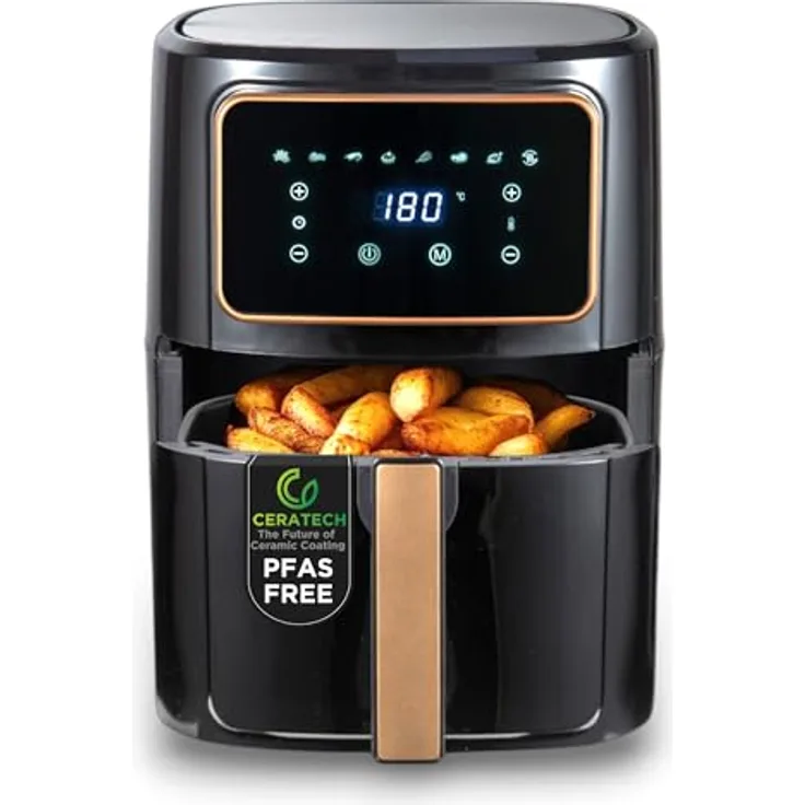 Bergner COPPERLY Heißluftfritteuse 1800W 6.9L, PFAS-frei mit 8 Kochprogrammen, Keramikbeschichtung, Temperaturregelung 80-200°C, Timer bis 30 min, modernes Kupferdesign, ölfreies Braten