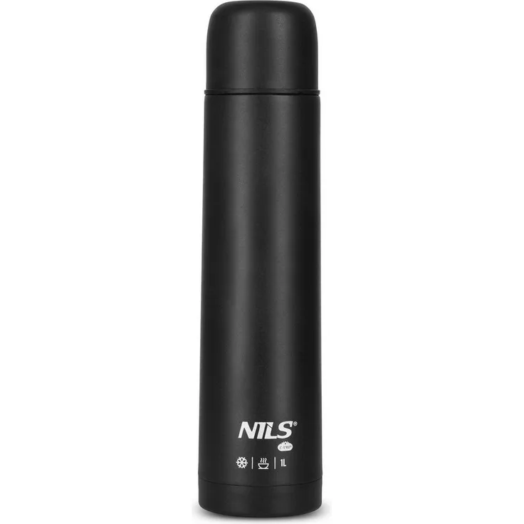 NILS CAMP Isolierkanne Thermoskanne 1L, schwarz, für heiße und kalte Getränke, 24h Kühlung, 12h Warmhaltung, auslaufsicher