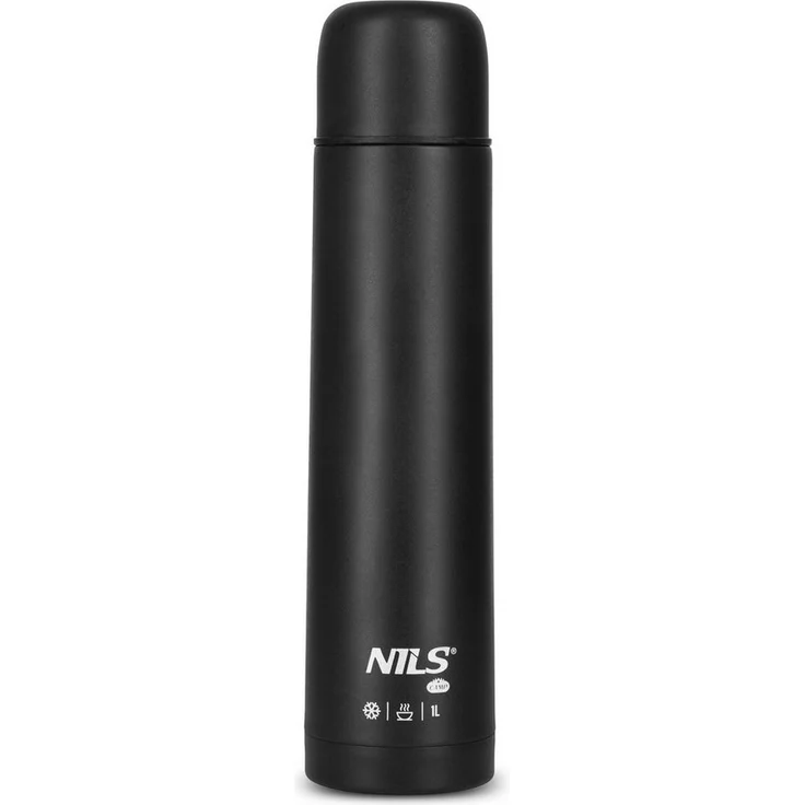 NILS CAMP Isolierkanne Thermoskanne 1L, schwarz, für heiße und kalte Getränke, 24h Kühlung, 12h Warmhaltung, auslaufsicher