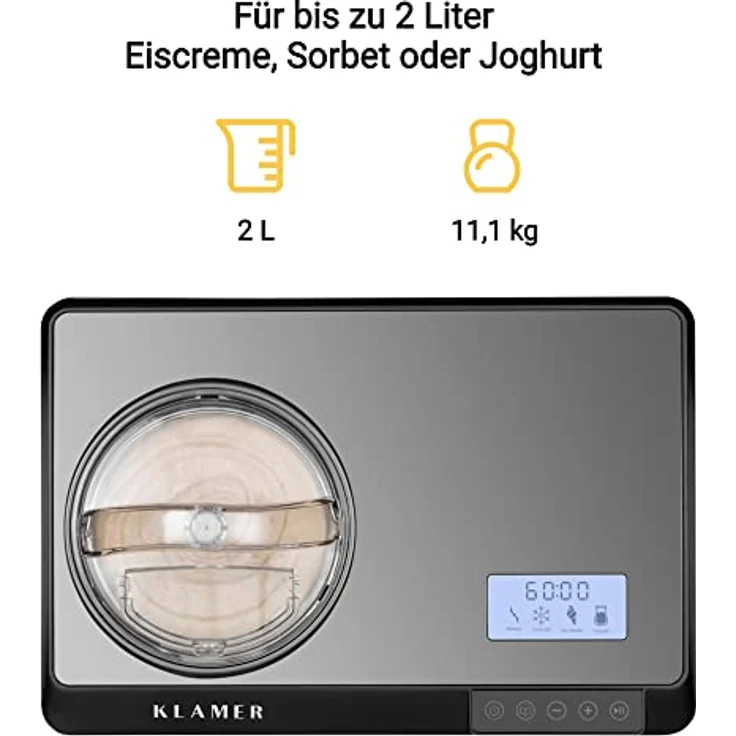 KLAMER 2-in-1 Eismaschine & Joghurtbereiter 2 L, 180 W Eiscrememaschine aus Edelstahl mit Kühl- und Heizfunktion, hausgemachtes Speiseeis mit selbstkühlendem Kompressor – Bild 3