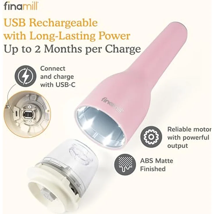 Finamill Gewürzmühle, elektrische wiederaufladbare Mühle mit 2 FinaPods und verstellbarem Keramik-Mahlwerk, BPA-freies Kunststoff – Bild 6