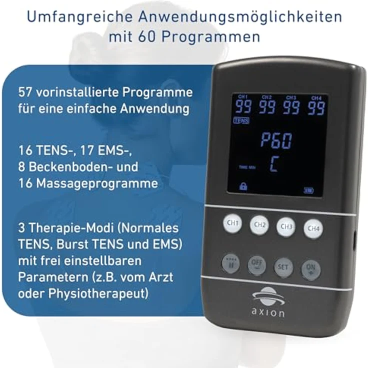 Axion STIM-PRO X9B, TENS-EMS-Gerät mit 4 Kanälen für Schmerztherapie, Muskelaufbau, Beckenbodentraining und Massage, NEUHEIT 2025 – Bild 2