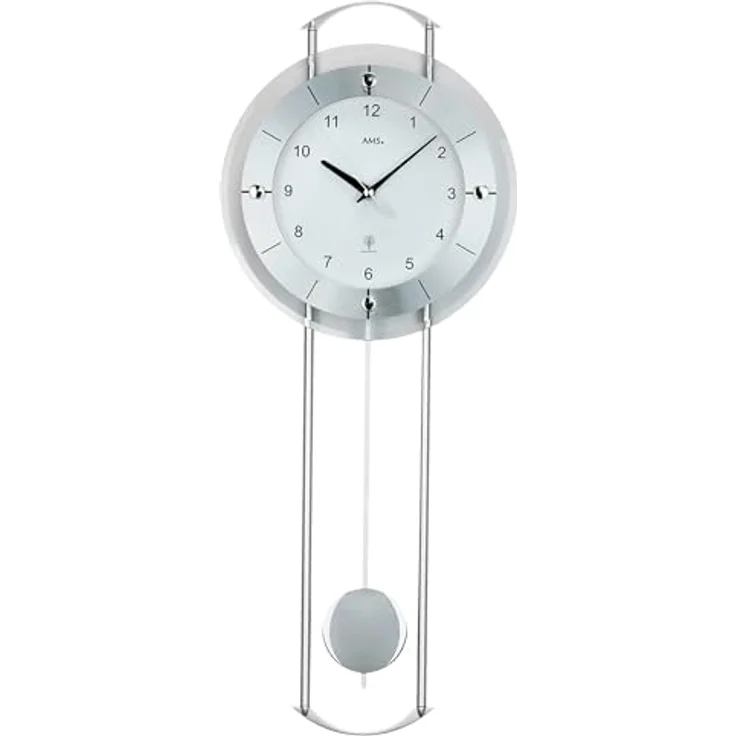 AMS. Pendelwanduhr 5254, Funk, mit silberlackierten Metallstäben, Aluminiumfrontreif und Mineralglas, arabische Ziffern – Bild 2