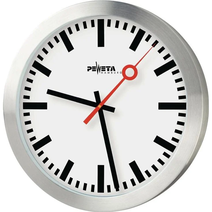 Peweta Wanduhr Bahnhof, Quarzuhr im mattsilber Aluminium-Gehäuse, 30 cm mit automatischer Zeitumstellung