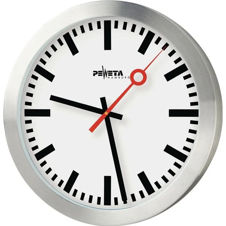 Peweta Wanduhr Bahnhof, Quarzuhr im mattsilber Aluminium-Gehäuse, 30 cm mit automatischer Zeitumstellung