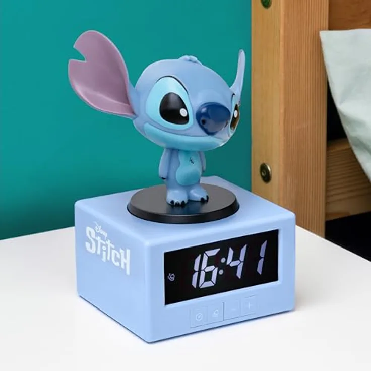 Paladone Stitch Wecker, 16,5 cm mit Nachtlicht und Schlummer-Musikalarm, offizielles Disney-Produkt
