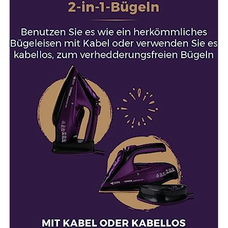 Tower T22008 CeraGlide Kabelloses Dampf Bügeleisen mit Keramiksohle - Dampfbügeleisen mit Variabler Dampffunktion, Lila – Bild 3