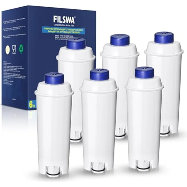 Filswa Wasserfilter DLSC002 für De'Longhi Kaffeemaschinen, 6 Stück Filterkartusche zur Reduzierung von Kalkbildung und Verlängerung der Lebensdauer
