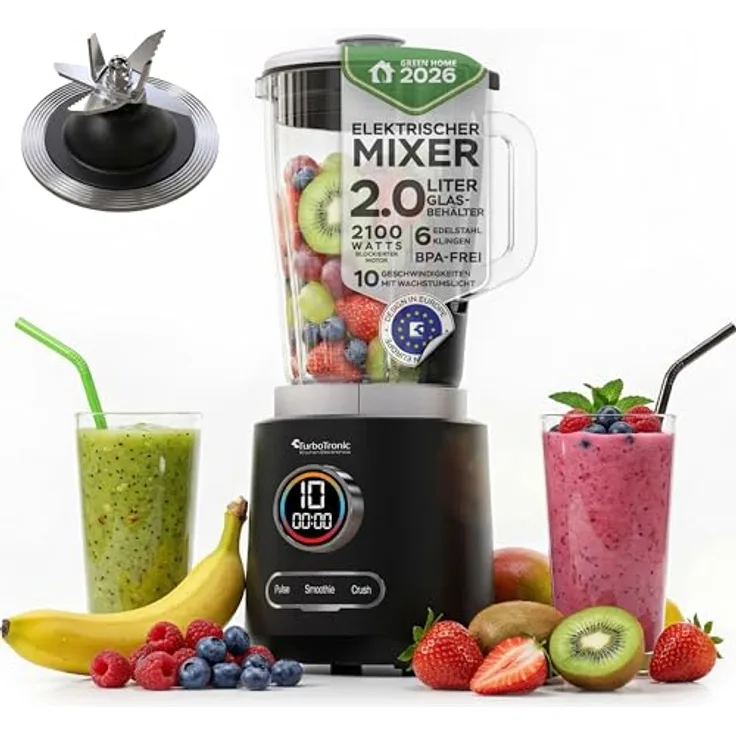 TurboTronic BG7 Standmixer, 2100 Watt mit 25.000 RPM, 2,0 L Glasbehälter, Edelstahl, Ice Crush Funktion, BPA-frei