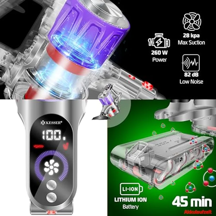 KESSER® Akku-Staubsauger 2in1 | Handstaubsauger ohne Beutel mit HEPA-Filter | Akkusauger bis 45 Min. Laufzeit + Fugendüse & Staubbürste | LED-Licht XL Staubbehälter für Hartböden Teppich Tierhaare, in Blau – Bild 5