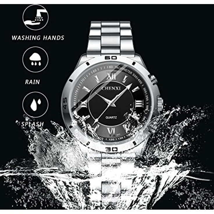 JewelryWe Analog Quarzuhr für Herren, 30M wasserdicht, Edelstahlarmband, römische Ziffern, leuchtende Zeiger, schwarz – Bild 3