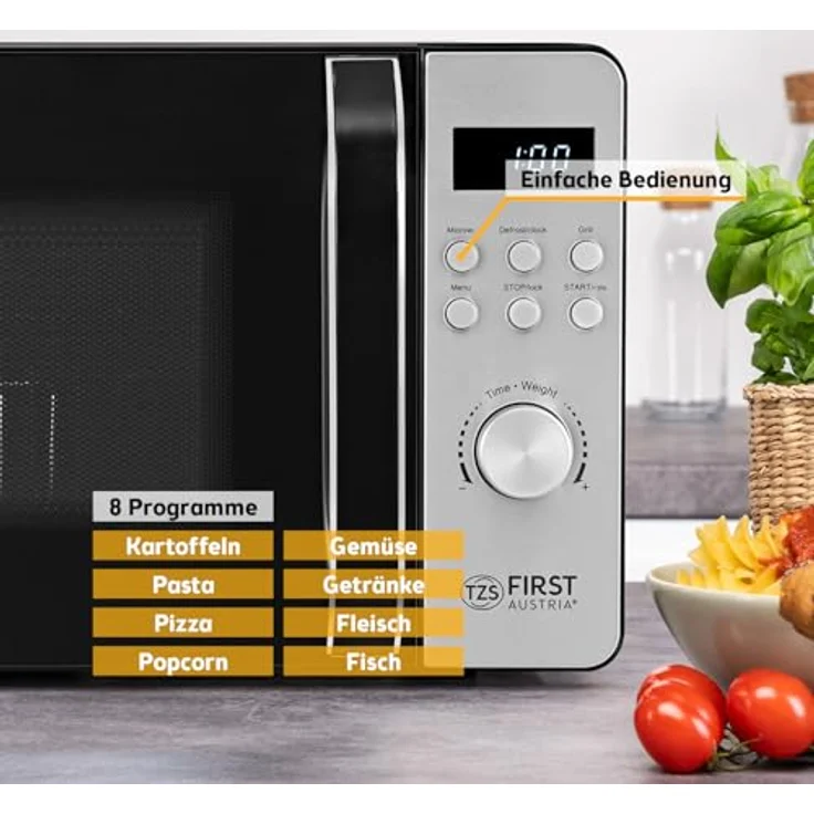 TZS First Austria Digitale Mikrowelle mit Grill, 20l, 700W Mikrowelle, 800W Grill, Edelstahl, 8 Automatik-Programme, LED-Display, kompakt, Auftaufunktion, Grillrost – Bild 5