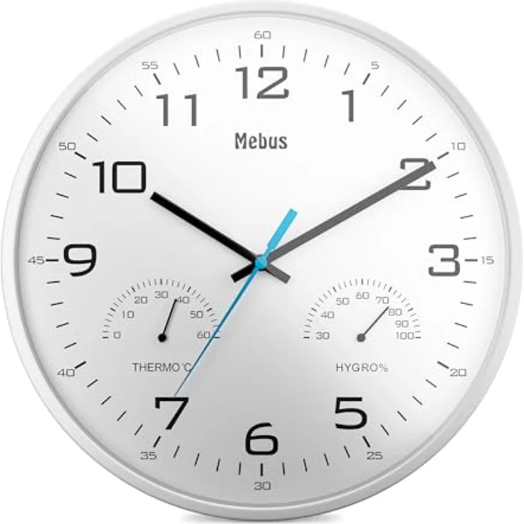 Mebus Quarz-Wanduhr Modell 16181, 30 cm mit Temperaturanzeige und Hygrometer, Weiß – Bild 1