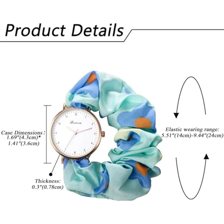 JewelryWe Damenuhr mit Blumenmuster, Elastisches Haarband, Quarz Armbanduhr in Blau, Multifunktionale Lässige Uhr mit Haargummi – Bild 4