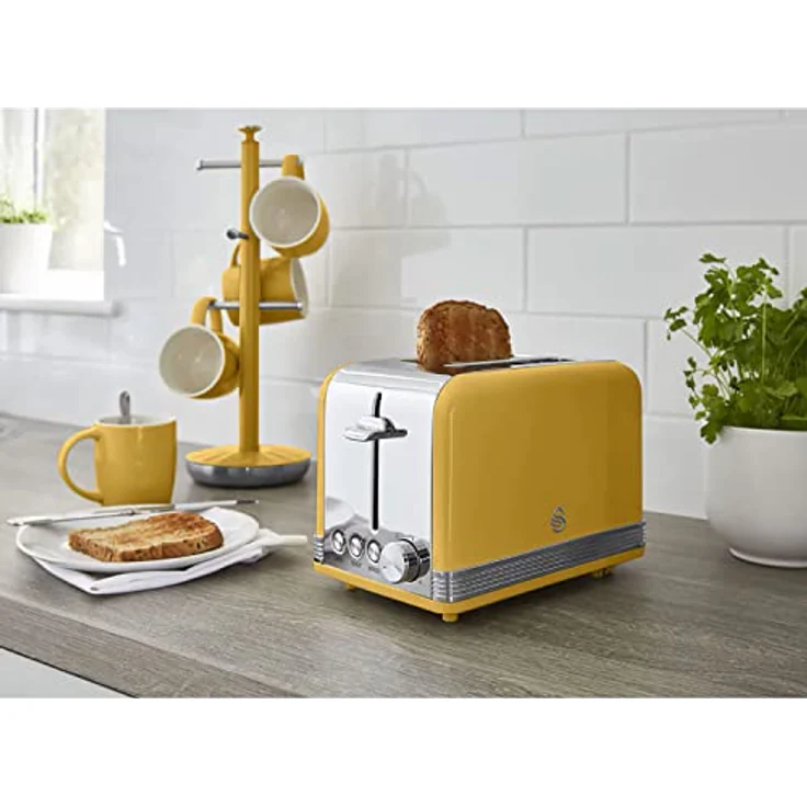 Swan Retro Set Frühstückswasserkocher Gelb, 1,8 Liter mit 360° drehbarem Sockel und Toaster mit 6 Toaststufen – Bild 4