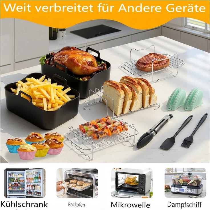 MECO 20tlg Küchenmaschinen Zubehör-Set für Heißluftfritteusen, kompatibel mit Ninja Dual Zone AF400EU/AF300EU/AF451EU, Schwarz/Silber, inkl. Silikonformen, Muffinförmchen, Grillrost