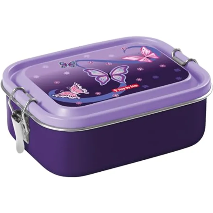 Step by Step Lunchbox Stainless Steel Sweet Butterfly, auslaufsichere Brotdose aus Edelstahl in Violett mit Trennwand, 0,8 L